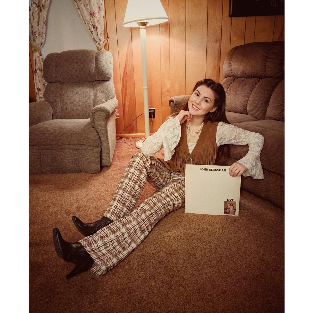 1960s Levi's for Gals Pants 1970s Bootcut Flare Trousers Plaid Brown Mid Rise - Picture 8 of 9